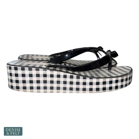 Kate Spade Rina Wedge Flip Flops Black Gingham Bow Sandals Size 7B Women’s - Picture 6 of 14
